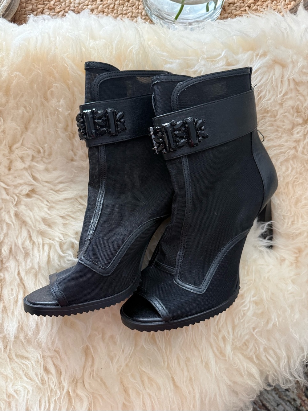 Karl Lagerfeld Black Peep-Toe Wedge Ankle Boots with Jeweled Strap